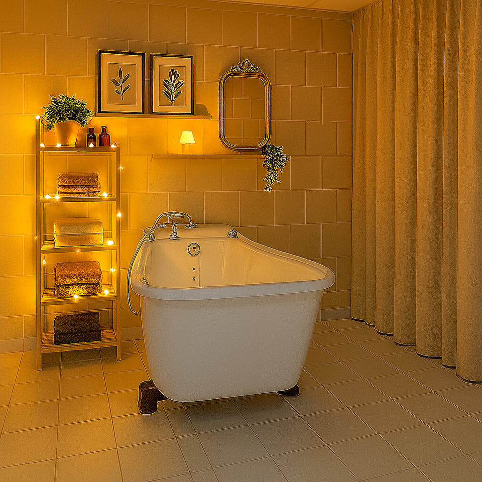 Ontwerpvoorstel van de badkamer in avondsfeer met warm sfeerlicht