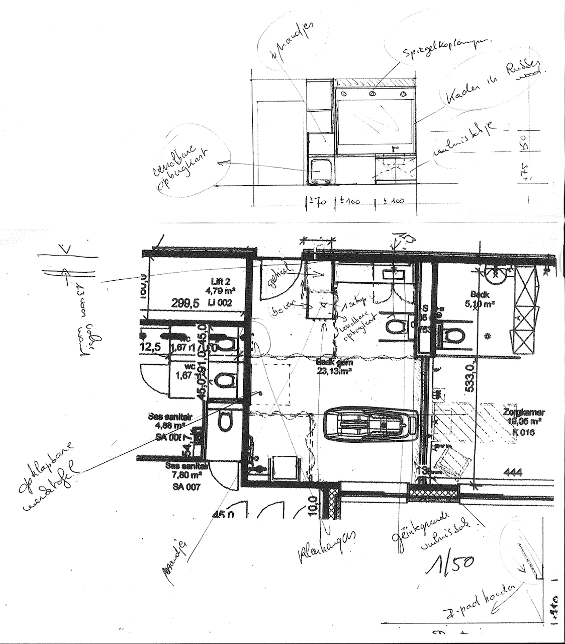 Grondplan van de herinrichting van de gemeenschappelijke badkamer, schaal 1/50