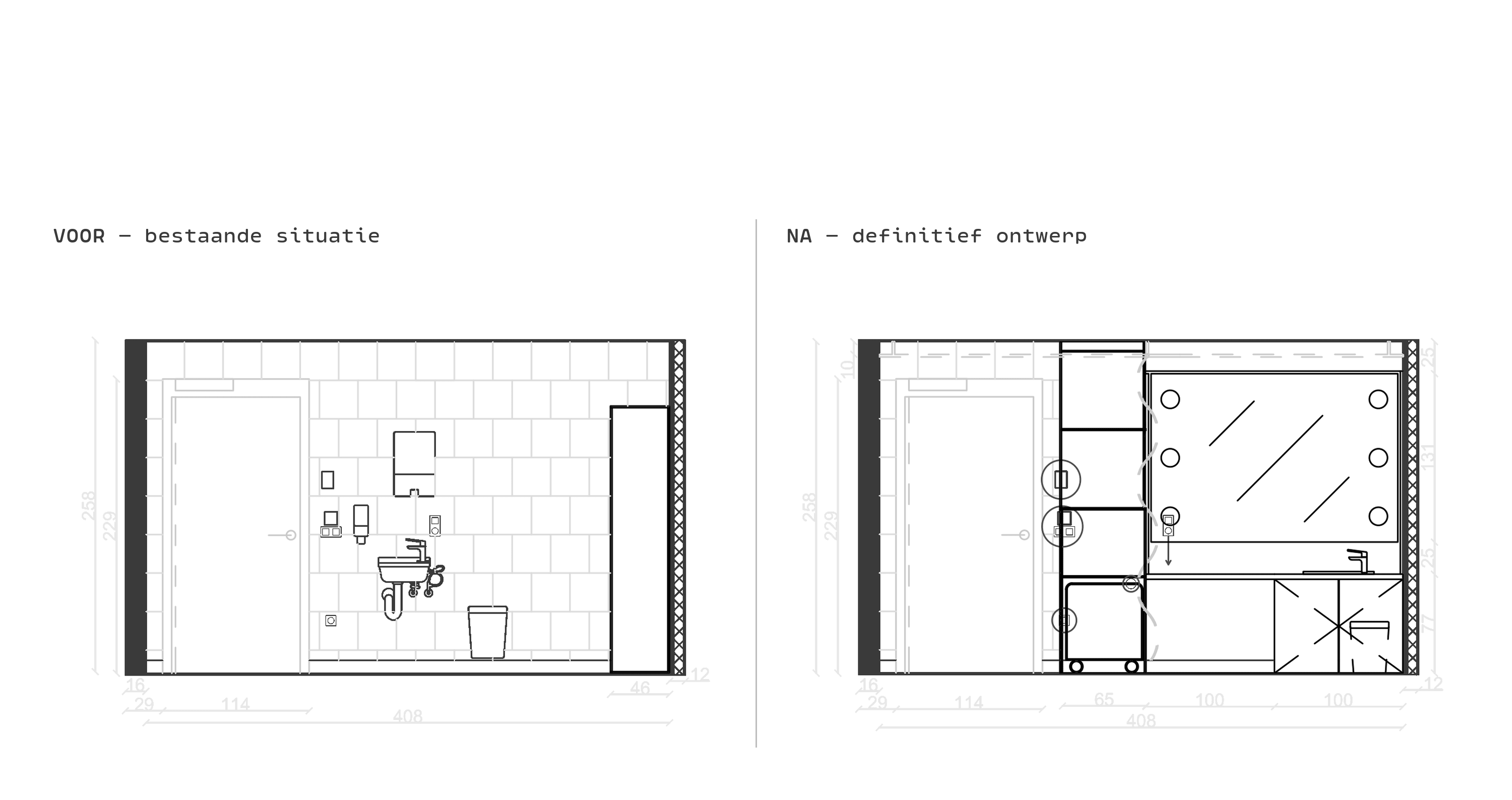 Doorsnede AA' van de badwand in de badkamer van WZC Mariaburcht: links de bestaande situatie met wastafel en hoge kast, rechts het definitieve ontwerp met kastenkolom met nissen, spiegel met verlichting en badmeubel