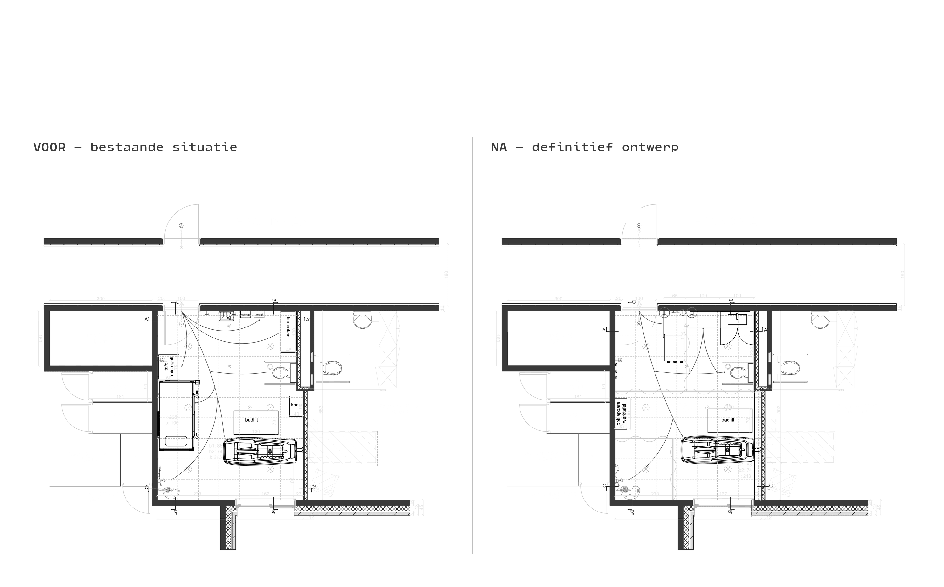Grondplan van de gemeenschappelijke badkamer van WZC Mariaburcht: links de bestaande situatie, rechts het definitieve ontwerp met bad, badlift en opklapbare werktafel